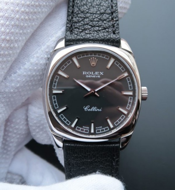 Rolex Cellini Danaos 4243 SS Black Dial Black Leather Strap A2824