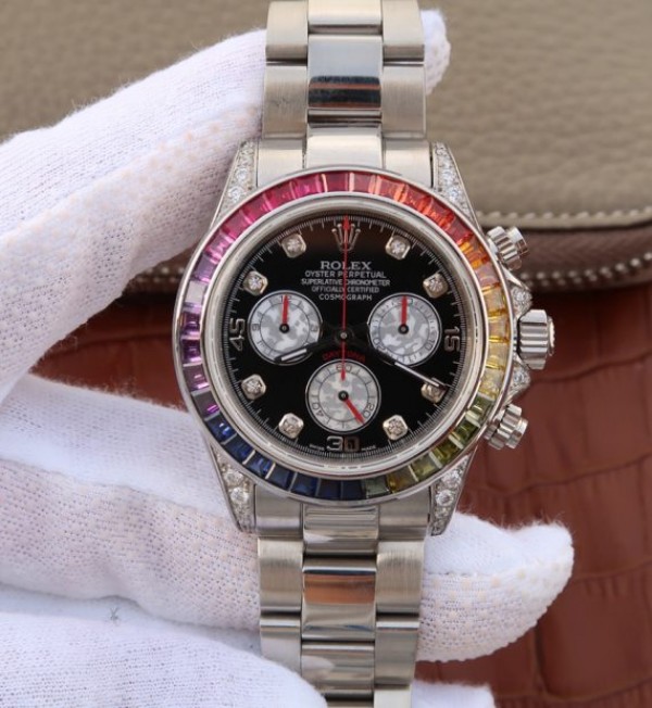 Rolex Daytona 116599 Colorful Crystal Bezel Black Dial SS Bracelet A7750