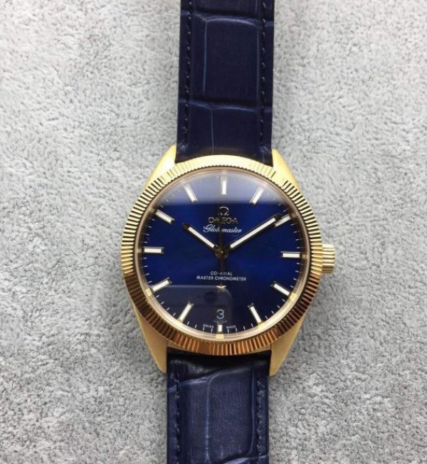 Omega Globemaster Master Chronometer YG Case Blue Dial Leather Strap A8900