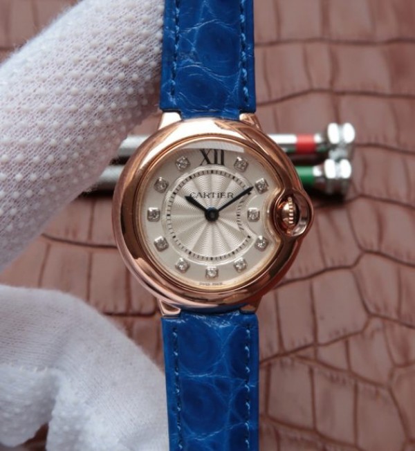 Cartier Ballon Bleu 28mm Ladies RG White Dial Diamonds Markers Ronda Quartz