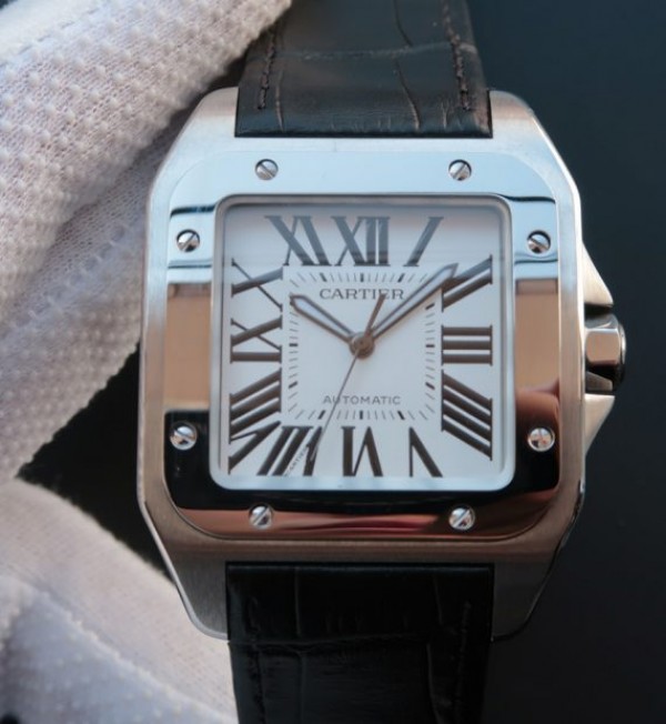 Cartier V6 Santos 100 41mm White Dial Black Leather Strap A2824