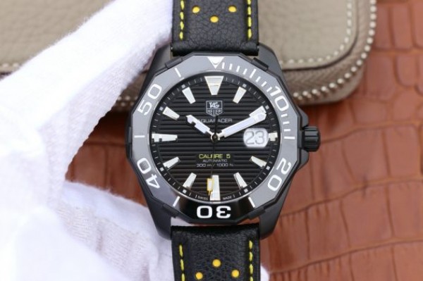 Tag Heuer Aquaracer Calibre 5 ALL Black PVD Textured Dial Ceramic Bezel Leather Strap A2824