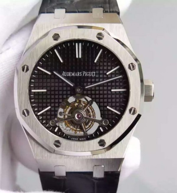 Audemars Piguet TF Royal Oak 41mm Tourbillon SS Black Dial Black Leather Strap