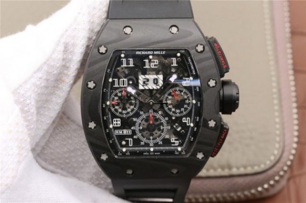 Richard Mille RM011 NTPT Carbon Case Chronograph KVF Crystal Skeleton Dial White Black Rubber Strap A7750