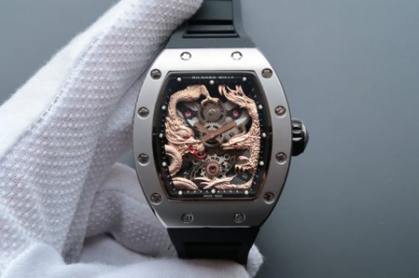 Richard Mille RM057 Dragon Phoenix SS Case RG Dragon Dial Black Rubber Strap