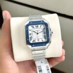 Cartier De Santos Blue Bezel White Dial - gallery