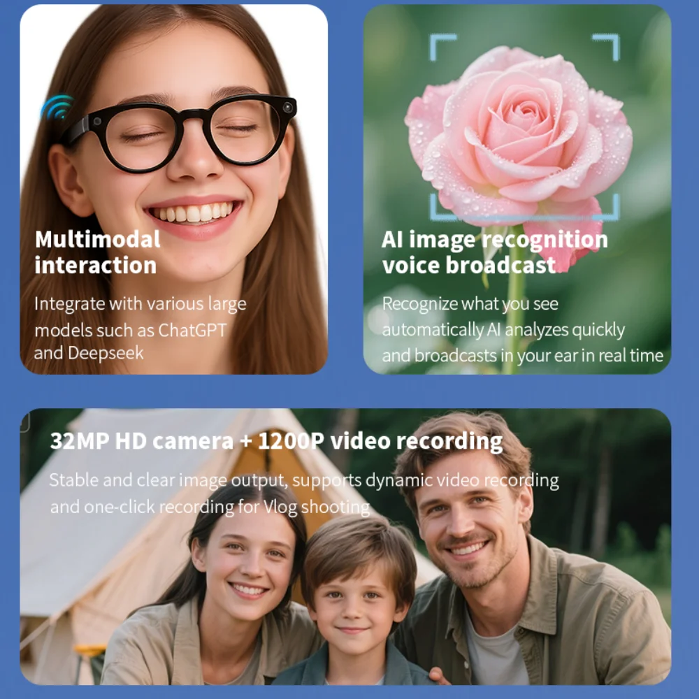 AI Camera Intelligent Recognition Voice Call Noise Reduction Sunglasses 1080p HD Mini Camera Glasses Sports DVR Monitoring