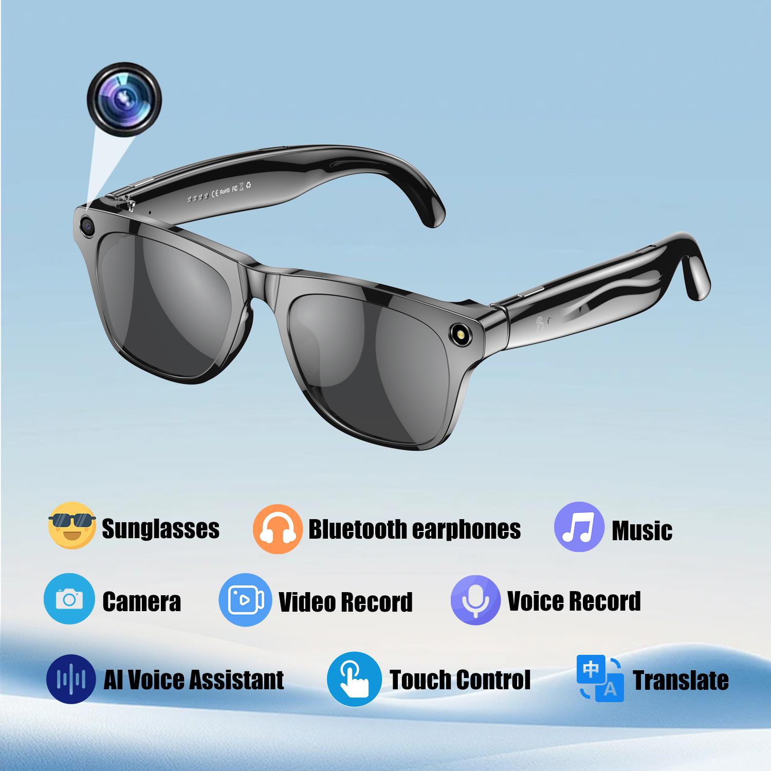 Smart Camera Glasses Bluetooth Headphones Translation AI Voice Assistant Music Sports Earphones Smart Touch Control Sunglasses Colorful Local Silicon Wearable Chargeable Black