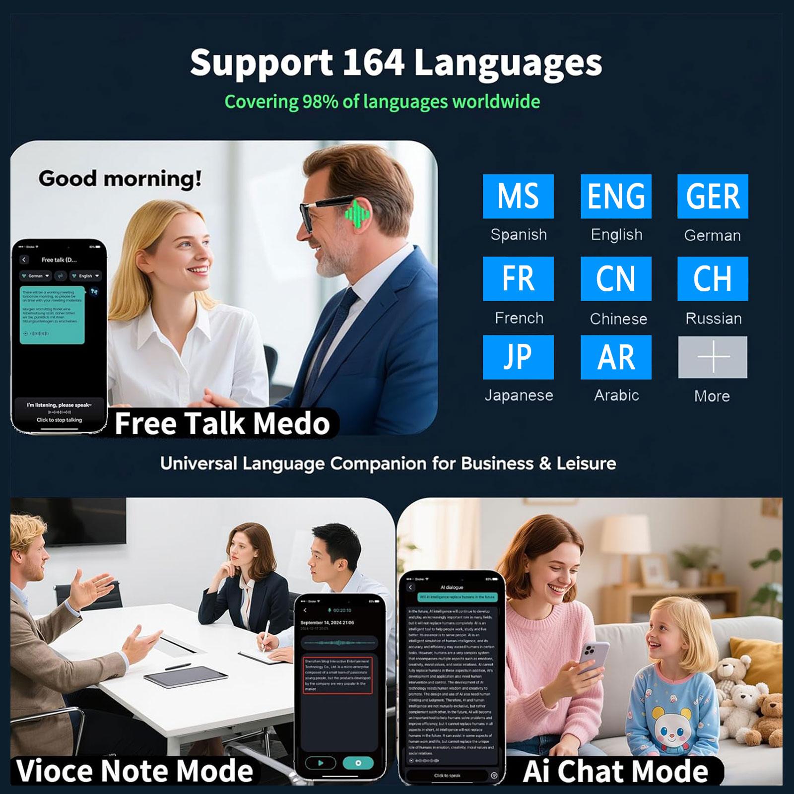 Smart AI translation audio glasses, real-time app translation in over 160 languages, light-sensitive color-changing lenses Wearable White - Image 3