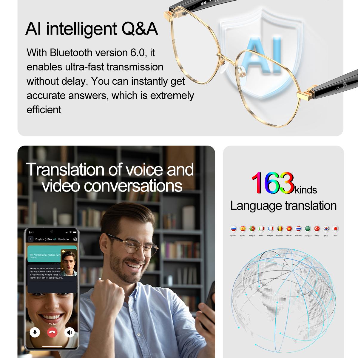 AI Translation Intelligent Blue Tooth Eyewear Call Waterproof Smart Glasses Voice Assistant Anti Blue-Light Spectacles Men Women