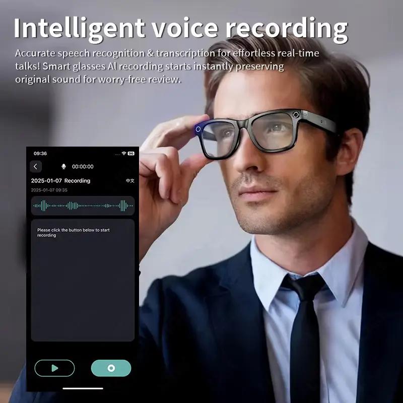 Smart glasses with AI, featuring an 8MP camera, video recording, translation support for over 100 languages, sunglasses design, Bluetooth calling, music playback, suitable for both men and women, launched in 2025