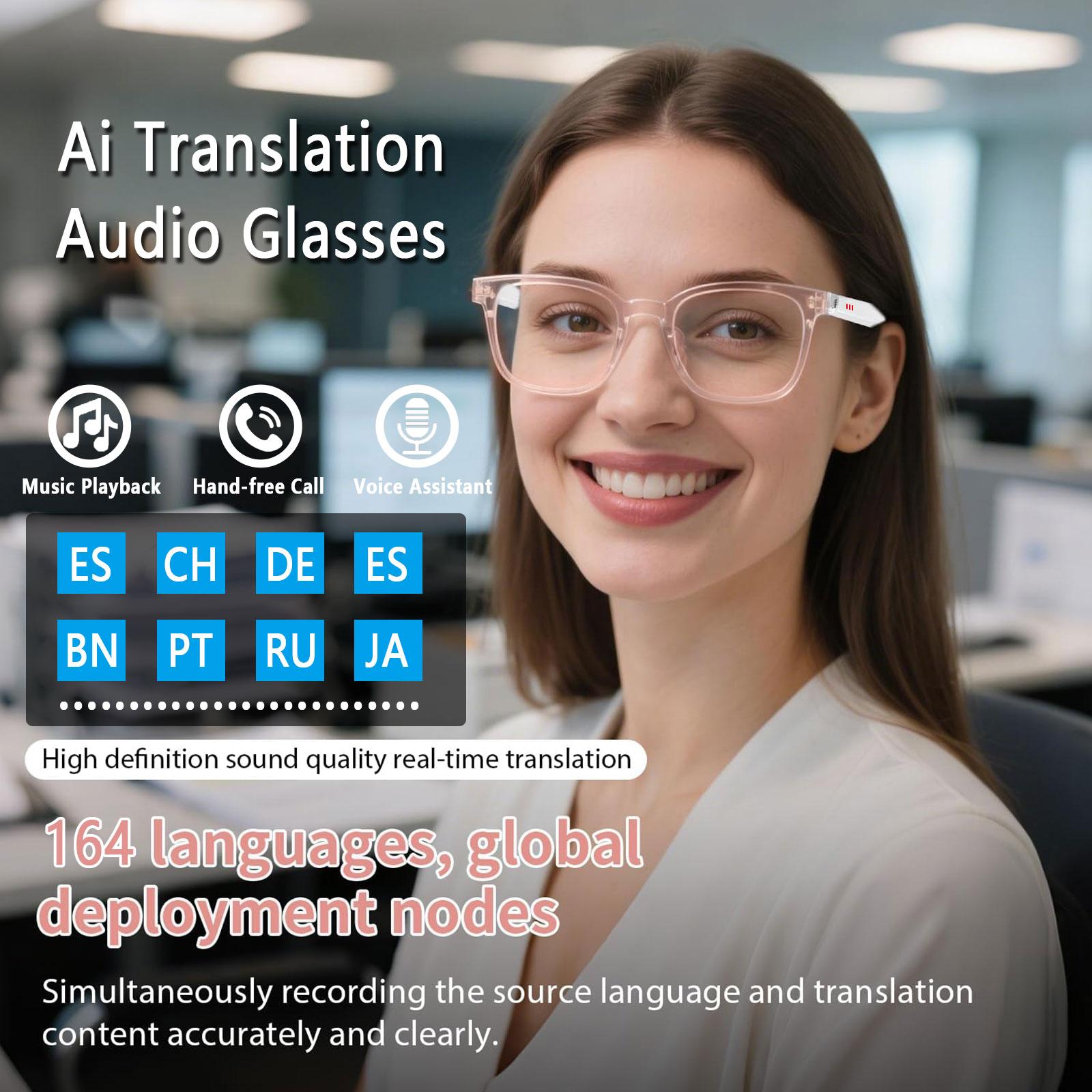 Smart AI Translation Glasses, Real-Time App Translation in Over 160 Languages, Light-Sensing Color-Changing Lenses