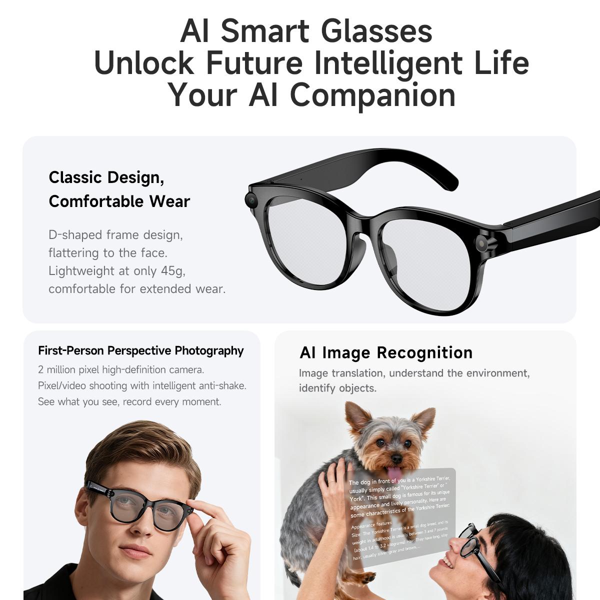 NEW AI Smart Glasses HD Camera LED light AI Translation Dialogue 290mAh Battery Meeting Video Record Outdoor Sports Sunglasses